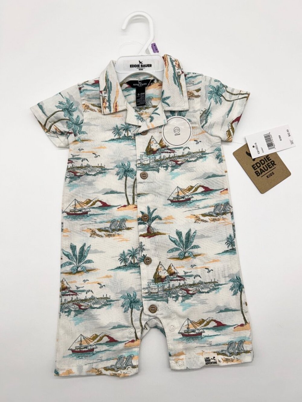 NWT Eddie Bauer Boys 6M Linen Beach Scene Romper with Collar